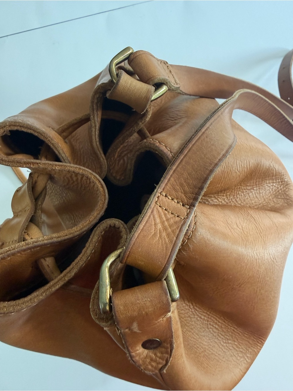 Madewell Tan Brown Leather Bucket Drawstring Bag Brown Purse Crossbody Shoulder - Picture 11 of 16